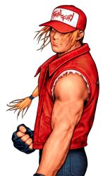 1boy baseball_cap blonde_hair blue_eyes capcom_vs_snk_2 clenched_hand denim facing_to_the_side fatal_fury fingerless_gloves game_cg gloves hat highres jacket jeans long_hair looking_at_viewer looking_to_the_side male_focus mori_toshiaki muscular non-web_source official_art pants ponytail shirt sleeveless smile snk solo terry_bogard the_king_of_fighters torn_clothes torn_sleeves veins veiny_arms vest white_background white_undershirt