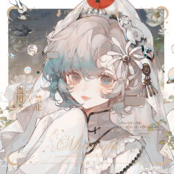 1girl bird blue_eyes blue_hair border chinese_clothes chinese_commentary closed_mouth collared_shirt commentary_request commission crescent eyeless_dog_(lethal_company) flower frilled_shirt frills grey_eyes grey_hair hair_flower hair_ornament hand_on_own_chin heterochromia high_collar lipstick long_sleeves makeup mandarin_collar multicolored_hair original outdoors outside_border pink_lips sample_watermark shirt short_hair sleeves_past_fingers sleeves_past_wrists smile solo sparkle swallow_(bird) tangzhuang too_many_watermarks twilight two-tone_hair upper_body veil watermark weibo_watermark white_border white_flower white_shirt white_veil xi_guapi