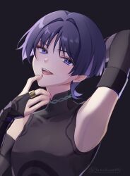 Rule 34 | 1boy, arm behind head, armor, black background, black bodysuit, black bridal gauntlets, blunt ends, bodysuit, bridal gauntlets, colored inner hair, covered collarbone, eyeliner, eyeshadow, finger to face, genshin impact, gold ring, hair intakes, hand up, highres, japanese armor, kote, kurokote, looking at viewer, makeup, male focus, mandarin collar, middle ring, multicolored hair, open mouth, purple eyes, purple hair, red eyeliner, red eyeshadow, rui (yozakura043), scaramouche (genshin impact), sleeveless, sleeveless bodysuit, solo, teeth, tongue, tsurime, twitter username, upper body, wanderer (genshin impact)
