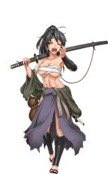 1girl abs artist_request bad_source black_hair breasts chizuru_(sennen_sensou_aigis) closed_mouth full_body game_cg holding holding_sword holding_weapon multiple_swords official_art open_mouth over_shoulder sandals sarashi sennen_sensou_aigis sheath solo suito_gourd sword teeth third-party_source transparent_background upper_teeth_only weapon weapon_over_shoulder yawning