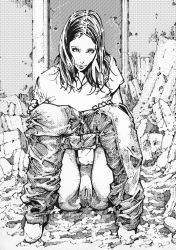 Rule 34 | 1girl, artist request, breasts, monochrome, outdoors, squatting, uncensored, zombie