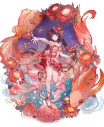 1girl aerial_fireworks alternate_costume armpits bare_legs black_hair chinese_commentary commentary_request commission csyday detached_sleeves dress fireworks fish goldfish highres honkai:_star_rail honkai_(series) long_hair long_sleeves looking_at_viewer open_mouth red_dress red_eyes red_shoes salmon sample_watermark shoes smile solo sparkle_(honkai:_star_rail) twintails very_long_hair watermark white_background