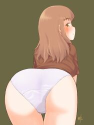 Rule 34 | 1girl, all fours, ass, ass focus, blush, brown eyes, brown hair, green background, kikumaru bunta, kiruko (tengoku daimakyou), looking at viewer, looking back, medium hair, panties, shirt, signature, simple background, solo, t-shirt, tengoku daimakyou, underwear, white panties