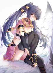 Rule 34 | 1girl, absurdres, arm strap, armor, black choker, black gloves, black shirt, black thighhighs, breasts, capelet, choker, cleavage, crop top, dress, epic seven, fingerless gloves, frilled shirt, frills, gloves, gold trim, grey hair, grin, hair ornament, highleg, highres, leg up, long hair, looking at viewer, medium breasts, midriff, miniskirt, no shoes, own hands together, panty straps, pauldrons, pink capelet, pink skirt, pleated dress, punimon (user ymmd3824), rinak (epic seven), shirt, shoulder armor, simple background, single pauldron, sitting, skindentation, skirt, sleeveless, sleeveless shirt, smile, solo, spaghetti strap, thighhighs, thighs, twintails, very long hair, white background, yellow eyes
