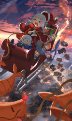 &gt;_&lt; 6+girls absurdres advarcher capelet ceres_fauna character_doll christmas closed_eyes dawn doll ebi-chan_(gawr_gura) fins fish_tail fuwawa_abyssgard gawr_gura gloves hakos_baelz hat highres hololive hololive_english irys_(hololive) koseki_bijou mococo_abyssgard mori_calliope multiple_girls nanashi_mumei nerissa_ravencroft ninomae_ina&#039;nis open_mouth ouro_kronii outdoors red_capelet red_headwear red_nose santa_costume santa_hat shark_girl shark_tail shiori_novella shrimp sky sleigh tail textless_version tsukumo_sana virtual_youtuber watson_amelia white_gloves