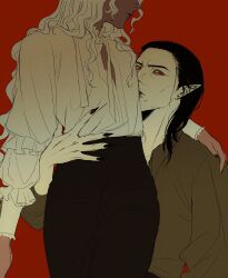 Rule 34 | 2boys, baldur&#039;s gate, baldur&#039;s gate 3, cazador szarr, curly hair, dark-skinned male, dark skin, dungeons & dragons, dungeons &amp; dragons, fingernails, head out of frame, highres, long fingernails, long hair, looking at viewer, multiple boys, pointy ears, red background, red eyes, shirt, trap, vellioth, viol vrt, white hair, white shirt, yaoi