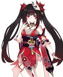 Rule 34 | 1girl, absurdres, bare shoulders, bell, black choker, black gloves, black hair, black sash, breasts, chest tattoo, choker, cleavage, commentary, cowboy shot, criss-cross halter, detached sleeves, dress, fox mask, gloves, halterneck, hand up, highres, hoduttang, honkai: star rail, honkai (series), jingle bell, korean commentary, long hair, looking at viewer, mark under both eyes, mask, mask on head, neck bell, o-ring, obi, red dress, red sleeves, sash, simple background, single glove, smile, solo, sparkle (honkai: star rail), tattoo, twintails, white background