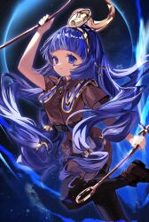 1girl black_pantyhose blue_eyes blue_hair blue_theme brown_shirt brown_shorts earrings egypt facial_tattoo gold_headwear highres holding holding_staff jewelry key_earrings long_hair michigami_nareko moon pantyhose ringo_no_usagi shirt shorts solo staff tattoo touhou very_long_hair