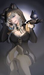1girl absurdres animal_ear_fluff animal_ears animal_hood black_leotard blue_eyes boots breasts cat_ears cat_girl cat_hood chinese_commentary cipher_(honkai:_star_rail) cleavage commentary_request coreflame_(honkai:_star_rail) crossed_legs fang gold_boots grey_hair highres honkai:_star_rail honkai_(series) hood hooded_leotard large_breasts leotard parted_lips short_hair_with_long_locks skin_fang solo sujingyu976