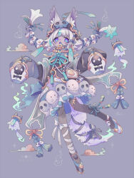 1girl animal_ear_fluff animal_ears asymmetrical_footwear bandaged_leg bandages black_hat black_jacket black_pantyhose blue_bow blue_capelet blue_eyes blunt_bangs bow braid capelet cat_ears cat_girl cat_tail chinese_clothes commentary floating_hair flower flower_knot full_body ghost hair_flower hair_ornament hair_ribbon hat hitodama jacket jiangshi leg_up lolita_fashion long_sleeves looking_at_viewer medium_hair mismatched_footwear multicolored_eyes multicolored_hair neck_ribbon no_pupils ofuda open_mouth original pantyhose purple_background purple_eyes purple_hair qi_lolita ribbon sharp_teeth short_bangs signature simple_background skirt skull_ornament sleeves_past_fingers sleeves_past_wrists solo sorata123 sparkle standing standing_on_one_leg stitches streaked_hair tail tail_bow tail_ornament tassel teeth twin_braids two-sided_fabric two-tone_eyes two-tone_hair white_footwear white_skirt