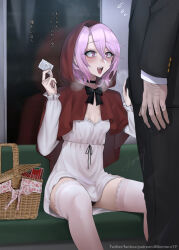 2boys :d artist_name basket black_bow black_bowtie black_choker black_jacket black_pants blush bow bowtie breasts capelet choker cleavage condom condom_box condom_wrapper cosplay crossdressing dress feet_out_of_frame handjob handjob_over_clothes hands_up highres hood hood_up hooded_capelet ikemeru19 jacket lace lace-trimmed_thighhighs lace_trim little_red_riding_hood_(fairy_tale_character) little_red_riding_hood_(fairy_tale_character)_(cosplay) long_sleeves male_focus medium_hair mixed-language_commentary multiple_boys open_mouth original paid_reward_available pants pink_eyes pink_hair red_capelet sitting smile solo_focus thighhighs thighs train_interior white_dress white_thighhighs yaoi