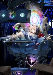 1girl angel_wings armchair bare_shoulders blonde_hair box brand_name_imitation cardboard_box cellphone chair clenched_teeth collarbone computer_keyboard computer_mouse cup dress dress_ribbon drinking_straw fate/grand_order fate_(series) feathered_wings foot_out_of_frame footrest frilled_socks frills full_moon game_cg glowing hair_between_eyes hair_tie headphones holding holding_phone jacket jeanne_d&#039;arc_(fate) knees_up konoe_ototsugu legs_up long_hair looking_at_phone low_twintails metatron_jeanne_(fate) metatron_jeanne_(second_ascension)_(fate) monitor moon night night_sky object_request off_shoulder official_art parted_lips phone pom_pom_(clothes) purple_jacket purple_ribbon ribbon shirt short_dress sitting sky sleeveless sleeveless_dress smartphone socks solo strap_slip striped_clothes striped_jacket stuffed_animal stuffed_toy tank_top teeth third-party_source twintails unzipped variant_set wavy_mouth white_dress white_shirt white_socks white_wings wings yellow_eyes zipper zipper_pull_tab