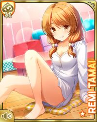 1girl bare_legs barefoot bedroom bottomless brown_eyes brown_hair card_(medium) closed_mouth day dress_shirt girlfriend_(kari) indoors looking_at_viewer low_twintails official_art on_bed qp:flapper shirt sitting smile solo tagme tamai_remi twintails white_shirt