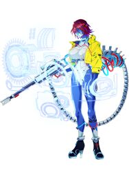 1girl aiz_gunafari black_shoes blue_skin breasts colored_skin dairoku_ryouhei full_body gun hair_between_eyes high_heels highres holding holding_gun holding_weapon holographic_interface impossible_clothes jacket large_breasts mask mitsu_tarou multicolored_hair open_clothes open_jacket purple_hair red_hair shoes short_hair solo streaked_hair transparent_background weapon yellow_jacket