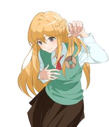 1girl blonde_hair braid brown_skirt closed_mouth collared_shirt grey_eyes hair_between_eyes highres holding hypnosis lee_yu-ri long_hair long_sleeves looking_at_viewer mind_control necktie pleated_skirt red_necktie school_uniform seungkkae shirt simple_background skirt solo sweater_vest vest white_background white_shirt zombie_high_school