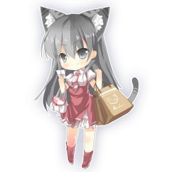 1girl animal_ears bag cat_ears cat_tail chibi dress eiyuu_densetsu elie_macdowell falcom female_focus full_body grey_eyes grey_hair kemonomimi_mode long_hair red_dress red_skirt saru shoes skirt smile solo tail white_background zero_no_kiseki