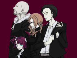 2boys 2girls ascot bald belt black_hair cellphone facial_hair fingerless_gloves formal_clothes gloves hair_ornament kiryuu_moeka multiple_boys multiple_girls okabe_rintarou pant_suit pants phone shirt short_twintails steins;gate stubble suit tennouji_nae tennouji_yuugo tuxedo twintails yellow_eyes