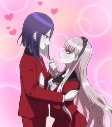 blush brother_and_sister ear_piercing heart height_difference highres incest long_sleeves looking_at_another looking_down looking_up matching_hair/eyes piercing pink_eyes pink_hair purple_hair siblings standing sweat sweatdrop the_hundred_line_-last_defense_academy- tsukumo_ima tsukumo_kako twincest twins