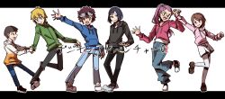 Rule 34 | 2girls, 4boys, alternate costume, black border, black eyes, black hair, black hoodie, black pants, blonde hair, blue eyes, blue pants, border, brown eyes, brown hair, copyright name, denim, digibibim, digimon, digimon adventure 02, full body, goggles, goggles on head, green jacket, group picture, hida iori, highres, hood, hood down, hooded jacket, hoodie, ichijouji ken, inoue miyako, jacket, long hair, missing commentary, motomiya daisuke, multiple boys, multiple girls, orange hoodie, pants, pink hoodie, short hair, shorts, simple background, white background, white shorts, yagami hikari