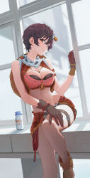 1girl absurdres bare_shoulders black_gloves black_hair bottle breasts brown_hat brown_shorts cleavage commentary_request commission crop_top cropped_jacket glass_bottle gloves hair_between_eyes hat hat_on_back highres idolmaster idolmaster_cinderella_girls jacket large_breasts looking_at_viewer milk_bottle oikawa_shizuku open_clothes open_jacket pink_tube_top pixiv_commission qingli_ye red_jacket short_hair short_shorts shorts sitting sleeveless sleeveless_jacket smile solo strapless thigh_strap thighs tube_top