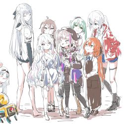 6+girls ahoge ak-12_(girls&#039;_frontline) an-94_(girls&#039;_frontline) barefoot beret boots closed_eyes girls&#039;_frontline hat highres lwmmg_(girls&#039;_frontline) springfield_(girls&#039;_frontline) m200_(girls&#039;_frontline) mdr_(girls&#039;_frontline) megaphone micro_uzi_(girls&#039;_frontline) multiple_girls pantyhose ribeyrolles_(girls&#039;_frontline) banana_(girls&#039;_frontline) shinoe_nun shoes swimsuit thighhighs twintails aged_down