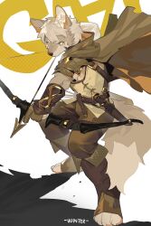 aiming armor arrow_(projectile) artist_name belt boots bow_(weapon) bright_pupils brown_belt brown_boots brown_pants cape closed_mouth commission dagger digitigrade dog fold-over_boots full_body gloves grey_cape grey_eyes grey_fur grey_tail heterochromia highres holding holding_arrow holding_bow_(weapon) holding_weapon hood hood_down hooded_cape knife legs_apart male_focus n16_furry open-toe_boots original pants pants_tucked_in partially_fingerless_gloves second-party_source short_hair shoulder_armor signature sleeveless standing weapon white_background white_hair white_pupils yellow_eyes