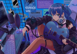 1girl amplifier ankle_boots black_boots black_skirt blue_eyes blue_hair blue_nails blue_ribbon boots chair commentary computer_keyboard computer_mouse double-parted_bangs earrings electric_guitar gaming_chair guitar hair_between_eyes hair_ornament hair_ribbon headphones headphones_around_neck highres holding holding_guitar holding_instrument hololive hoshimachi_suisei hoshimachi_suisei_(casual) indoors instrument jewelry lace lace-trimmed_sleeves lace_sleeves lace_trim long_hair long_sleeves looking_at_viewer microphone microphone_stand mocchan_(mo_chan0225) monitor no_headwear o-ring o-ring_thigh_strap off_shoulder official_alternate_costume official_alternate_hairstyle one_side_up orange_pantyhose overdose_(natori) pantyhose pleated_skirt polaroid_photo poster_(object) puffy_long_sleeves puffy_sleeves quilted_jacket ribbon ring short_sleeves sidelocks sitting skirt skirt_set sleeve_ribbon solo star_(symbol) star_hair_ornament star_in_eye static stud_earrings studio_microphone swivel_chair symbol-shaped_pupils symbol_in_eye thigh_strap virtual_youtuber