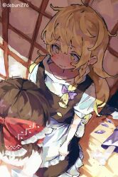 Rule 34 | 3girls, absurdres, apron, black hair, black skirt, black vest, blonde hair, blue background, blue dress, bow, braid, cirno, closed mouth, deburi276, dress, flustered, frilled bow, frills, hair between eyes, hair bow, hakurei reimu, highres, ice, ice wings, kirisame marisa, long hair, lying, medium hair, multiple girls, on back, puffy short sleeves, puffy sleeves, red bow, shirt, short sleeves, shouji, single braid, skirt, sliding doors, standing, touhou, twitter username, veranda, vest, waist apron, white apron, white shirt, wings, yellow eyes, yuri