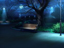 Rule 34 | artist request, bare tree, bench, bush, cloud, dark, game cg, grass, lamppost, magia record: mahou shoujo madoka magica gaiden, mahou shoujo madoka magica, night, night sky, no humans, official art, outdoors, park, path, road, scenery, shade, sky, tree
