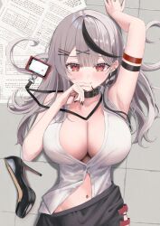 1girl alternate_costume ara1e arm_above_head arm_strap armpits black_bra black_hair black_shoes black_skirt blush bra braid breasts center-flap_bangs cleavage collar commentary english_commentary grey_hair high_heels highres hololive id_card lanyard large_breasts looking_at_viewer lying multicolored_hair navel office_lady on_back on_floor red_eyes sakamata_chloe shirt shoes skirt sleeveless sleeveless_shirt solo streaked_hair tile_floor tiles underwear unworn_shoes virtual_youtuber white_shirt