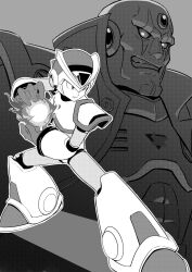 Rule 34 | 2boys, android, armor, first armor x (mega man), forehead jewel, full body, greyscale, hadouken, halftone, helmet, highres, male focus, mega man (series), mega man x (series), monochrome, multiple boys, scar, scar on face, sigma (mega man), smirk, u wstr, x (mega man)