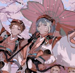 22kolink 2boys 3boys blue_hair brown_hair cherry_blossoms ensemble_stars! gloves holding japanese_clothes looking_at_viewer male_focus mashiro_tomoya multiple_boys nito_nazuna oil-paper_umbrella one_eye_closed rabbits_(ensemble_stars!) shino_hajime smile tenma_mitsuru umbrella wide_sleeves