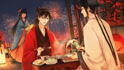 111218422 1girl 2boys absurdres black_hair black_hanfu black_hat blue_hanfu blue_ribbon bottle bowl branch brown_eyes brown_hair chinese_clothes chinese_commentary chinese_new_year chopsticks closed_eyes closed_mouth coat cup dao_gui_yi_xian dress drink drinking_glass eating fireworks flower flying_sweatdrops food hair_bun hair_flower hair_ornament hair_ribbon hair_rings half_updo hanfu hat hat_ribbon highres holding holding_bottle holding_bowl holding_chopsticks holding_food holding_lantern hotpot indoors jin_(headwear) lantern li_huowang li_sui_(princess_anping) long_hair long_sleeves looking_at_another meat monster_girl multiple_boys night night_sky noodles open_mouth paper_lantern plate plum_blossoms qixiong_ruqun red_coat red_dress red_flower ribbon robe sidelocks single_hair_bun sitting sky smile standing sweatdrop table tentacles tongue tongue_out updo vegetable white_hanfu wide_sleeves wooden_floor zhouzi_jin_(headwear) zhuge_yuan