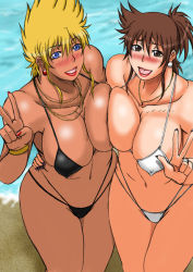 2girls ajiyoshi_noriko asymmetrical_docking beach bikini black_bikini blonde_hair blue_eyes blush breast_press breasts brown_eyes brown_hair cleavage cowboy_shot crossover dark-skinned_female dark_skin earrings facing_viewer high_ponytail honoo_no_toukyuuji:_dodge_danpei ichigeki_haruka jewelry large_breasts legs_together long_hair medium_breasts mister_ajikko multiple_girls nail_polish necklace outdoors papepox2 ponytail red_nails resized short_hair smile spiked_hair standing swimsuit v w white_bikini