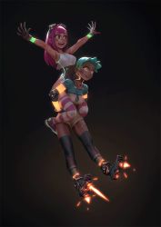 2girls :d android animated animated_gif armpits bare_shoulders blue_ribbon blue_shirt blue_thighhighs blush blush_stickers bracer breasts brown_gloves brown_shorts carrying choker collarbone cyborg elbow_pads eyebrows floating flying gloves glowing glowing_eyes goggles goggles_on_head green_hair gui_guimaraes hands_up highleg highleg_leotard leotard long_hair medium_breasts midair multiple_girls neon_trim nose open_mouth original outstretched_arms piggyback pink_hair ribbon rocket_boots shirt shoes short_shorts short_sleeves shorts sleeveless small_breasts smile striped_clothes striped_legwear striped_thighhighs teeth thick_eyebrows thighhighs thrusters yellow_eyes