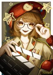 1girl :d absurdres adjusting_eyewear apple apple_(reverse:1999) artist_name beret border brown_hair clapperboard collared_shirt food fruit glasses grey_background hands_up hat headphones highres holding niviria_artist official_alternate_costume open_mouth orange_eyes outside_border red_hat regulus_(reverse:1999) reverse:1999 shirt short_hair smile solo star_(symbol) teeth upper_body upper_teeth_only white_border white_shirt