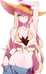 1girl armpits bare_shoulders blonde_hair blue_sarong breasts crop_top cynthia_(pokemon) cynthia_(summer_2025)_(pokemon) flower hair_over_eyes hair_over_one_eye hat hat_flower highres long_hair looking_at_viewer marie_(pixiv59672544) navel nintendo official_alternate_costume pokemon pokemon_dppt pokemon_masters_ex sarong shirt signature simple_background solo straw_hat sun_hat tied_shirt upper_body white_background yellow_eyes