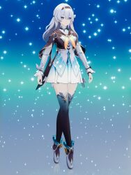 Rule 34 | 1girl, 3d, adapted costume, arms at sides, ballet boots, blender (medium), bridal gauntlets, finathai, firefly (honkai: star rail), full body, hair ornament, hairband, high heels, highres, honkai: star rail, honkai (series), long hair, paid reward available, pink eyes, reflection, solo, standing, thighhighs, white hair