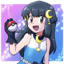 1girl black_eyes black_hair blue_dress crescent crescent_hair_ornament dawn_(pokemon) dress eyelashes hair_ornament highres holding holding_poke_ball long_hair looking_at_viewer nintendo open_mouth poke_ball poke_ball_(basic) pokemon pokemon_dppt sleeveless sleeveless_dress solo sparkle truth-pp upper_body