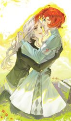 2girls :d absurdres armband black_boots black_gloves black_jacket blue_eyes blue_shirt boots couple dress eye_contact face-to-face full_body gloves grass grey_eyes grey_hair grin highres holding_another&#039;s_hair hug jacket kneeling long_dress long_hair looking_at_another maila_moguyu marsha_(reverse:1999) mole mole_under_eye multiple_girls open_mouth pants red_hair reverse:1999 sentinel_(reverse:1999) shirt short_hair smile white_armband white_dress white_pants yellow_background yuri
