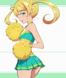 Rule 34 | 1girl, aqua shirt, aqua skirt, ass, bare shoulders, blonde hair, blue eyes, bustier, cheerleader, crop top, female focus, from behind, hairu, kiratto pri chan, long hair, looking at viewer, looking back, miniskirt, moegi emo, open mouth, pleated skirt, pom pom (cheerleading), pretty series, shirt, skirt, solo, sweat, twintails, wristband