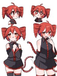 1girl ahoge bare_shoulders black_shirt black_skirt black_sleeves black_thighhighs blush bright_pupils buttons closed_mouth cowboy_shot detached_sleeves drill_hair hand_up haru_maron headset highres kasane_teto kasane_teto_(utau) long_sleeves looking_at_viewer miniskirt multiple_views open_mouth own_hands_together parted_lips pleated_skirt red_eyes red_hair red_trim shirt skirt sleeveless sleeveless_shirt tail tail_wagging thighhighs twin_drills upper_body utau white_pupils zettai_ryouiki