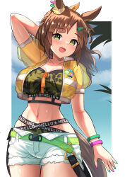 1girl animal_ears breasts brown_hair cleavage commentary_request green_eyes highres horse_ears horse_girl horse_tail ines_fujin_(umamusume) jacket medium_hair navel open_mouth shorts sweat tail thighs umamusume white_shorts yellow_jacket yuutopia