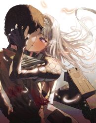 1boy 1girl absurdres amputee armor bandaged_head bandages black_gloves blood blood_on_clothes bodysuit commander_(nikke) fingerless_gloves gloves goddess_of_victory:_nikke grey_hair gun gunshot_wound hand_in_another&#039;s_hair hetero highres injury kenka_(user_hrjm2543) kiss long_hair mecha_musume military military_uniform missing_limb modernia_(nikke) red_eyes shoulder_armor sidelocks submachine_gun tearing_up upper_body weapon