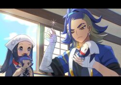 1boy 1girl adaman_(pokemon) akari_(pokemon) ako_(rawhji0rdbsmzf7) bandaged_arm bandaged_hand bandages black_hair blue_coat blue_eyes blue_eyeshadow blue_hair blue_kimono blue_sky brown_eyes character_doll closed_mouth cloud coat commentary concentrating crochet diamond_earrings doll earrings eyeshadow glint grey_hair hand_up happy headscarf holding holding_doll holding_sewing_needle indoors japanese_clothes jewelry kimono letterboxed looking_at_another looking_at_object makeup nintendo open_mouth pokemon pokemon_legends:_arceus sky smile thread white_headscarf window