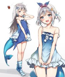 1girl alternate_costume blue_bow blue_dress blue_eyes blue_hair blue_pajamas blue_socks bow bow_legwear collarbone commentary dress ebi-chan_(gawr_gura) english_commentary female_focus fins fish_hair_ornament fish_tail full_body gawr_gura grey_hair hair_bobbles hair_ornament hair_ribbon hairband highres hololive hololive_english long_hair looking_at_viewer multicolored_hair multiple_views one_eye_closed open_mouth pajamas pom_pom_(clothes) revision ribbon rubbing_eyes shark_girl shark_tail sharp_teeth simple_background sleeveless sleeveless_dress smile socks standing star_(symbol) star_hair_ornament strap_slip streaked_hair striped_clothes striped_socks stuffed_animal stuffed_shark stuffed_toy tail teeth tenchi_mayo twintails upper_teeth_only virtual_youtuber white_background