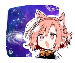 1girl animal_ears bow bowtie brown_hair cat_ears cat_girl kemonomimi_mode kino_himari meme open_mouth pink_eyes red_bow red_bowtie sasayaku_you_ni_koi_wo_utau short_hair solo space_cat_(meme) striped_bow striped_bowtie striped_clothes takeshima_eku
