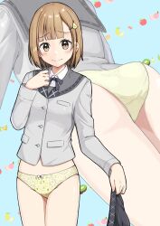 1girl absurdres ass blue_background blunt_ends blush bow bow_panties breasts brown_eyes brown_hair buttons closed_mouth collared_shirt commentary_request commission cowboy_shot crotch_seam dress_shirt embarrassed food-themed_hair_ornament food_print fruit_background fruit_print grey_jacket grey_ribbon grey_sailor_collar grey_skirt hair_ornament hand_up highres holding holding_unworn_clothes holding_unworn_skirt jacket large_variant_set long_sleeves looking_at_viewer medium_hair multiple_views neck_ribbon negimiso1989 no_pants original panties pear_hair_ornament pixiv_commission pleated_skirt raised_inner_eyebrows ribbon sailor_collar school_uniform serafuku shirt skirt small_breasts sparkle_print standing underwear unworn_skirt variant_set white_bow white_shirt yellow_panties zoom_layer
