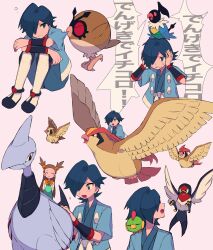 1boy 1girl :d black_footwear blue_eyes blue_hair bubble chatot commentary_request covering_own_ears falkner_(pokemon) gen_1_pokemon gen_2_pokemon gen_3_pokemon gen_4_pokemon hands_up highres hoothoot japanese_clothes jasmine_(pokemon) kimono multiple_views natu nintendo on_shoulder open_mouth parted_lips petting pidgeot pidgeotto pokemon pokemon_(creature) pokemon_hgss pokemon_on_shoulder riding riding_pokemon sash shoes short_hair sitting skarmory smile sparkle speech_bubble sweatdrop taillow translation_request tyako_089 white_sash