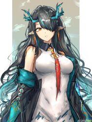 1girl absurdres aqua_coat aqua_hair aqua_horns aqua_skin arknights black_coat black_hair breasts coat collared_dress colored_extremities colored_skin commentary cowboy_shot dragon_girl dress dusk_(arknights) earrings eastern_dragon_horns eyelashes hair_over_one_eye highres horns jewelry long_hair looking_at_viewer medium_breasts multicolored_coat multicolored_hair multicolored_skin necktie off_shoulder open_clothes open_coat parted_lips pointy_ears red_eyes red_necktie sakutein_oekaki sleeveless sleeveless_dress slit_pupils solo standing streaked_hair tassel tassel_earrings twitter_username two-tone_coat two-tone_hair very_long_hair wavy_hair white_dress wing_collar